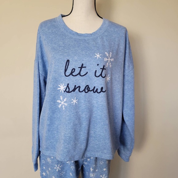 Merry Lane Size XXL Let It Snow 2 Pc PJ Set Snowflake Print Elastic Waist Blue - Picture 2 of 16